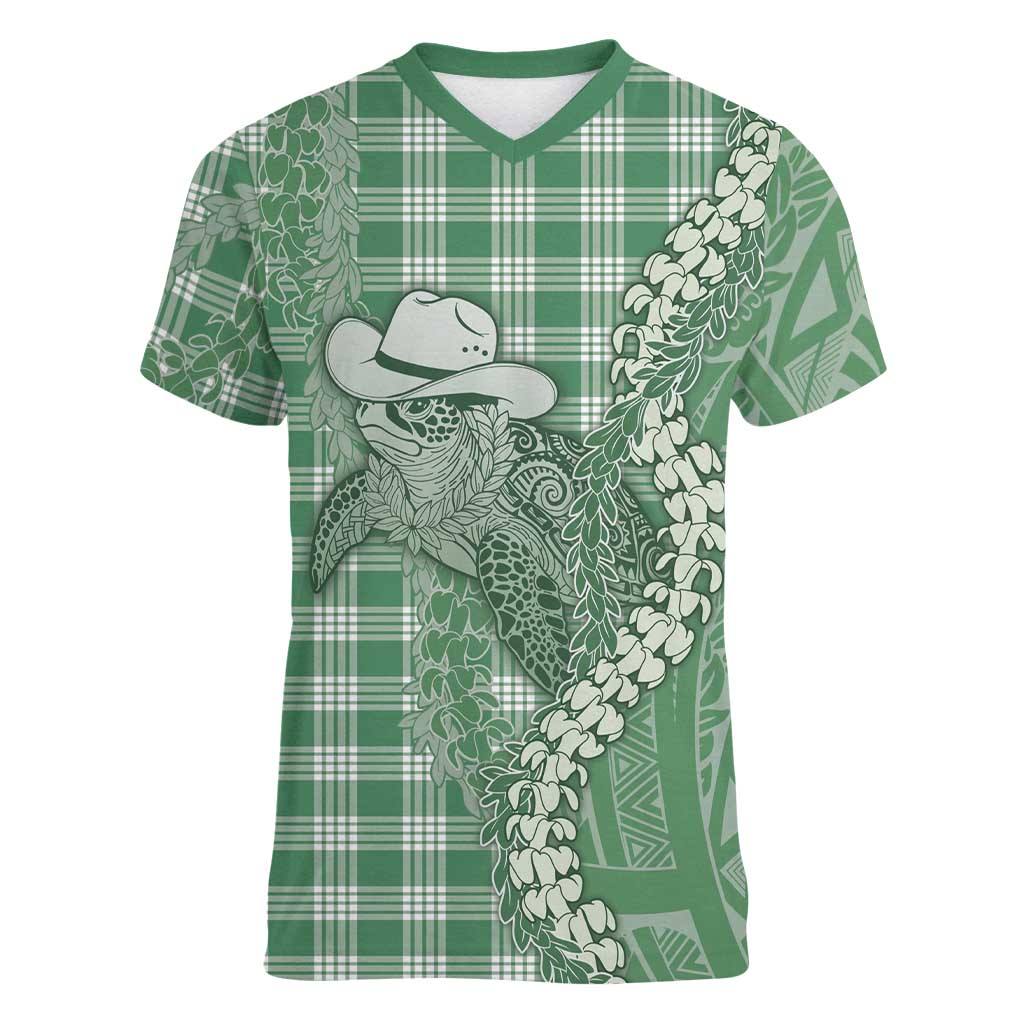 Green Hawaii Palaka Cowboy Turtle Women V-Neck T-Shirt Hawaiian Paniolo Puakenikeni Maile Lei DT05 Female Green - Polynesian Pride