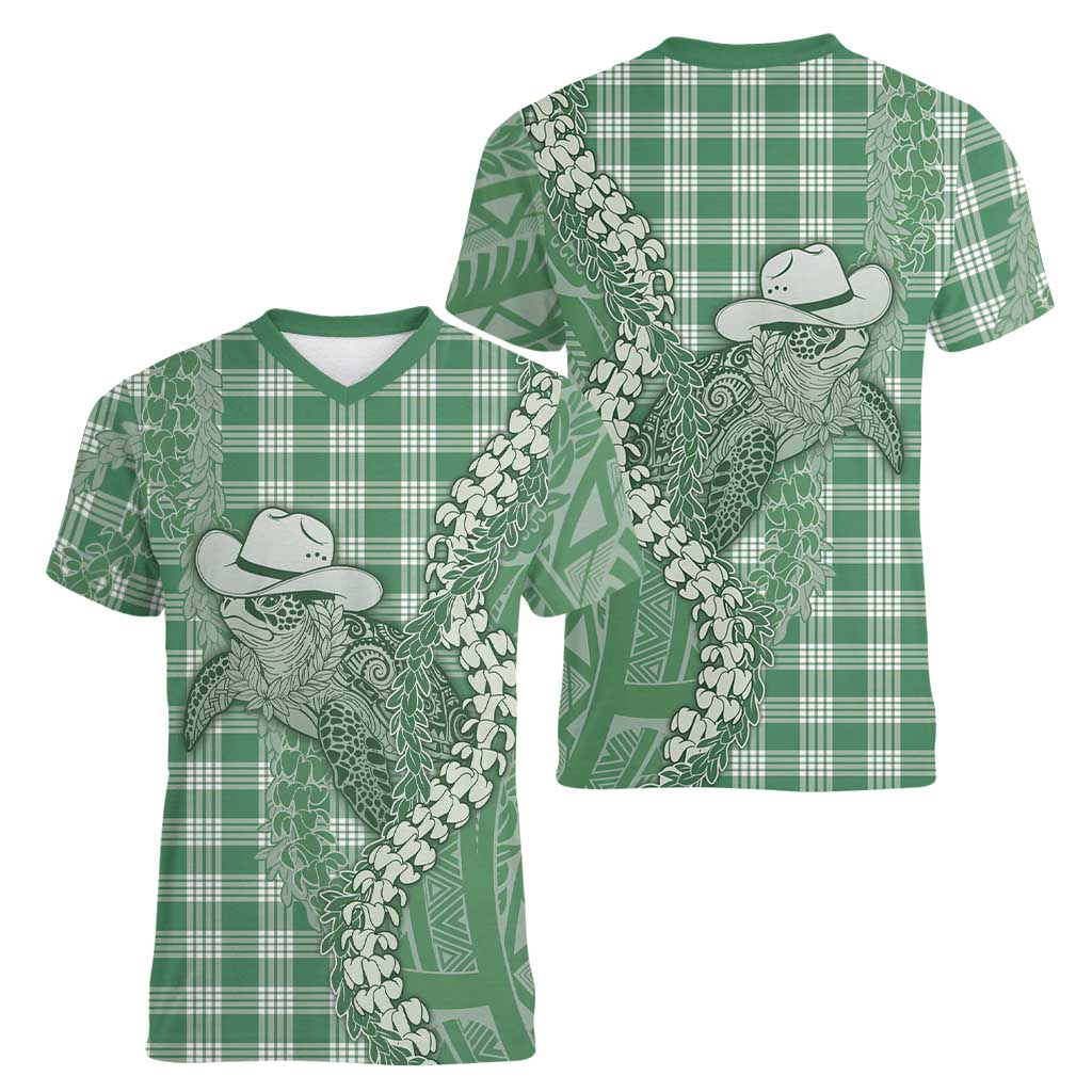 Green Hawaii Palaka Cowboy Turtle Women V-Neck T-Shirt Hawaiian Paniolo Puakenikeni Maile Lei DT05 - Polynesian Pride