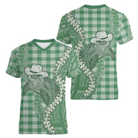 Green Hawaii Palaka Cowboy Turtle Women V-Neck T-Shirt Hawaiian Paniolo Puakenikeni Maile Lei DT05 - Polynesian Pride