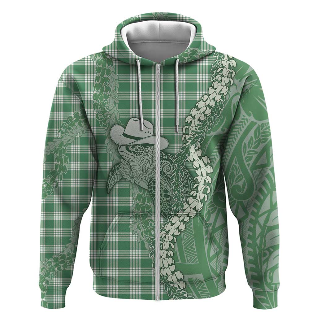 Green Hawaii Palaka Cowboy Turtle Zip Hoodie Hawaiian Paniolo Puakenikeni Maile Lei DT05 Zip Hoodie Green - Polynesian Pride