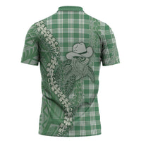 Green Hawaii Palaka Cowboy Turtle Zipper Polo Shirt Hawaiian Paniolo Puakenikeni Maile Lei DT05 - Polynesian Pride