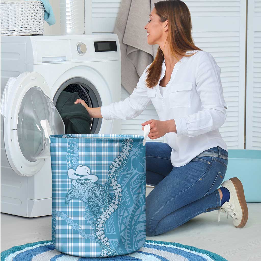 Blue Hawaii Palaka Cowboy Turtle Laundry Basket Hawaiian Paniolo Puakenikeni Maile Lei - Polynesian Pride