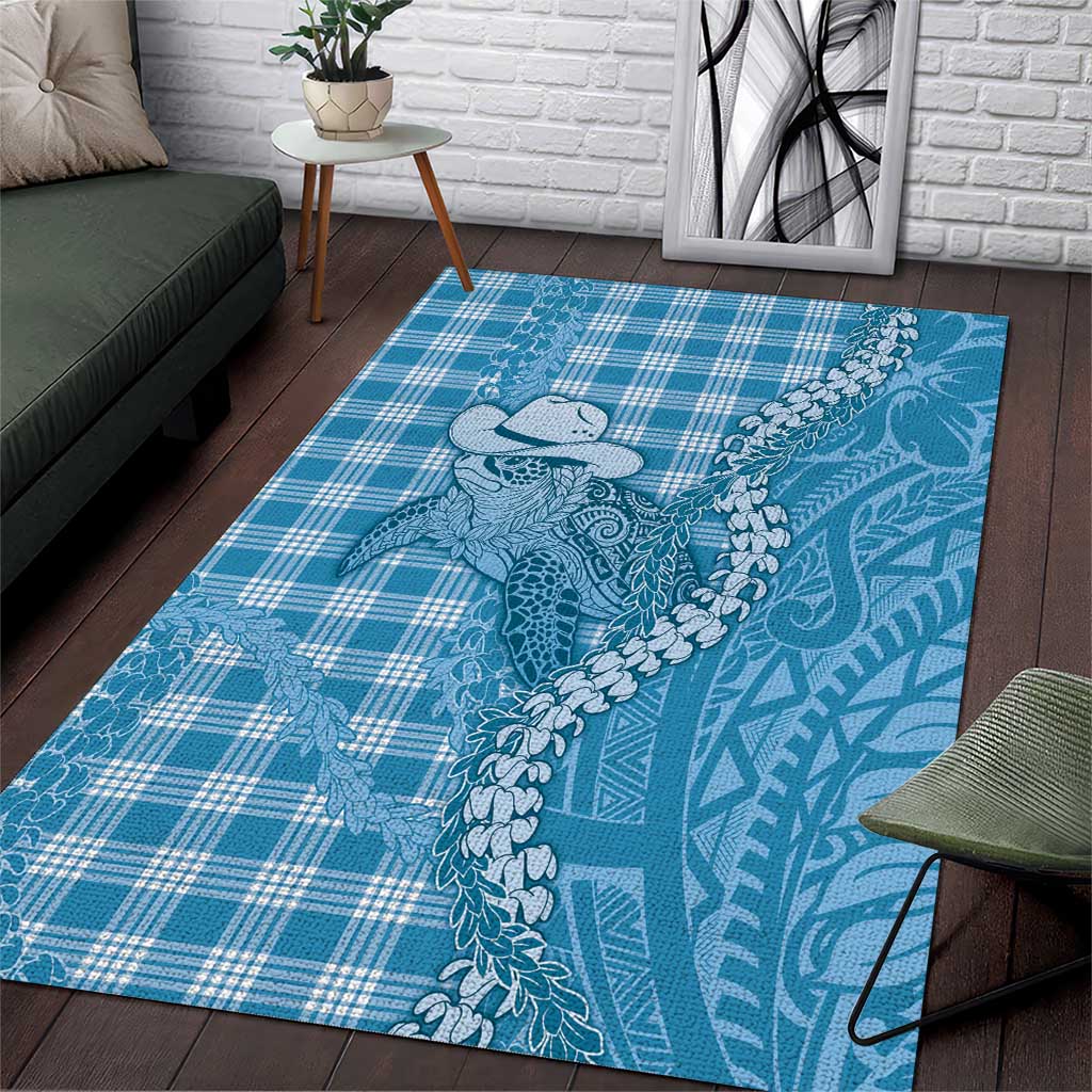 Blue Hawaii Palaka Cowboy Turtle Area Rug Hawaiian Paniolo Puakenikeni Maile Lei DT05 Blue - Polynesian Pride