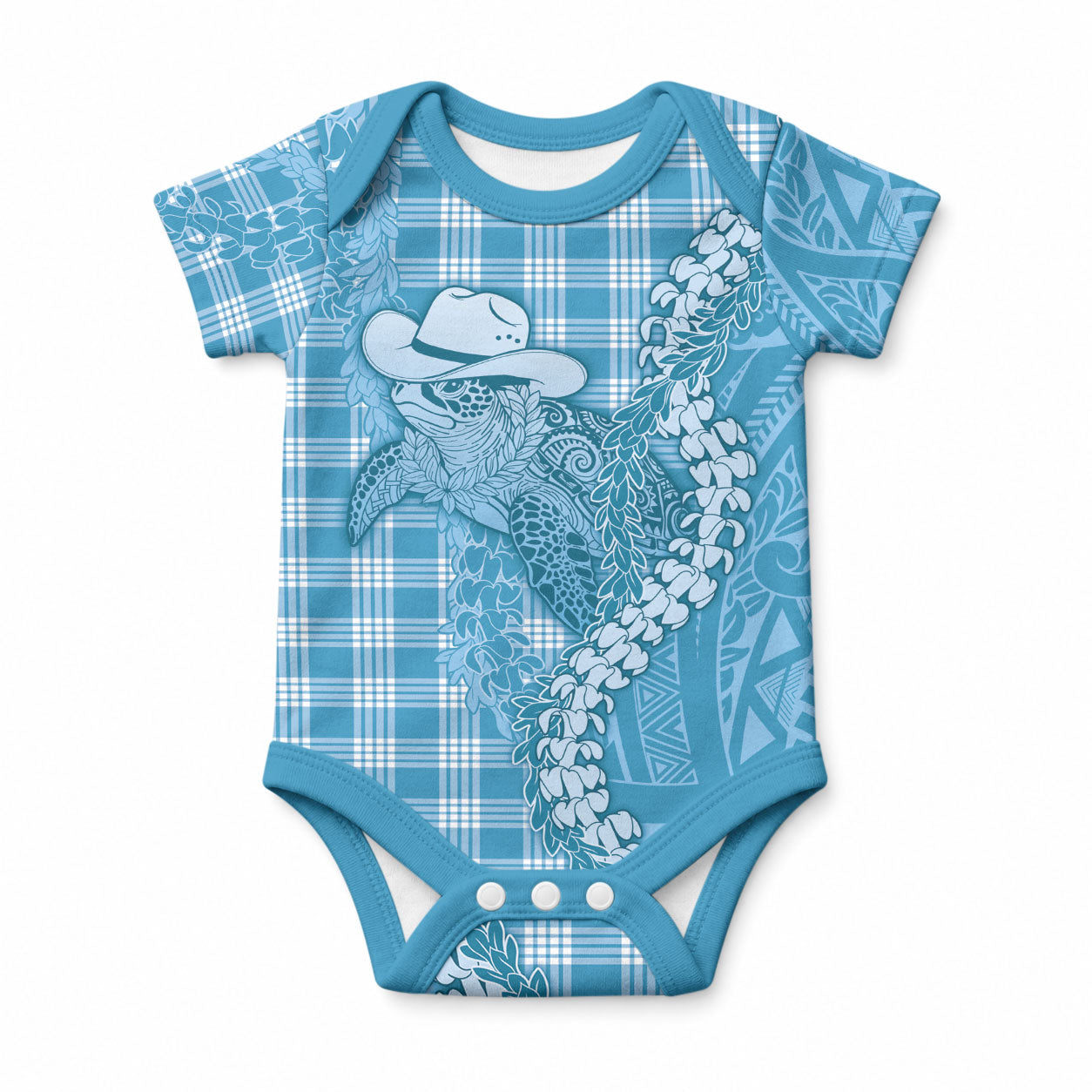 Blue Hawaii Palaka Cowboy Turtle Baby Onesie Hawaiian Paniolo Puakenikeni Maile Lei