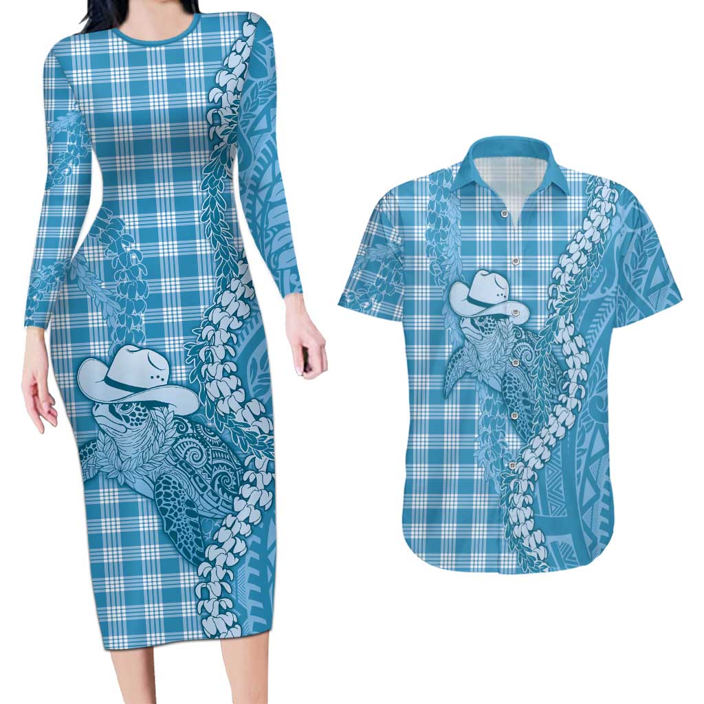 Blue Hawaii Palaka Cowboy Turtle Couples Matching Long Sleeve Bodycon Dress and Hawaiian Shirt Hawaiian Paniolo Puakenikeni Maile Lei DT05 Blue - Polynesian Pride