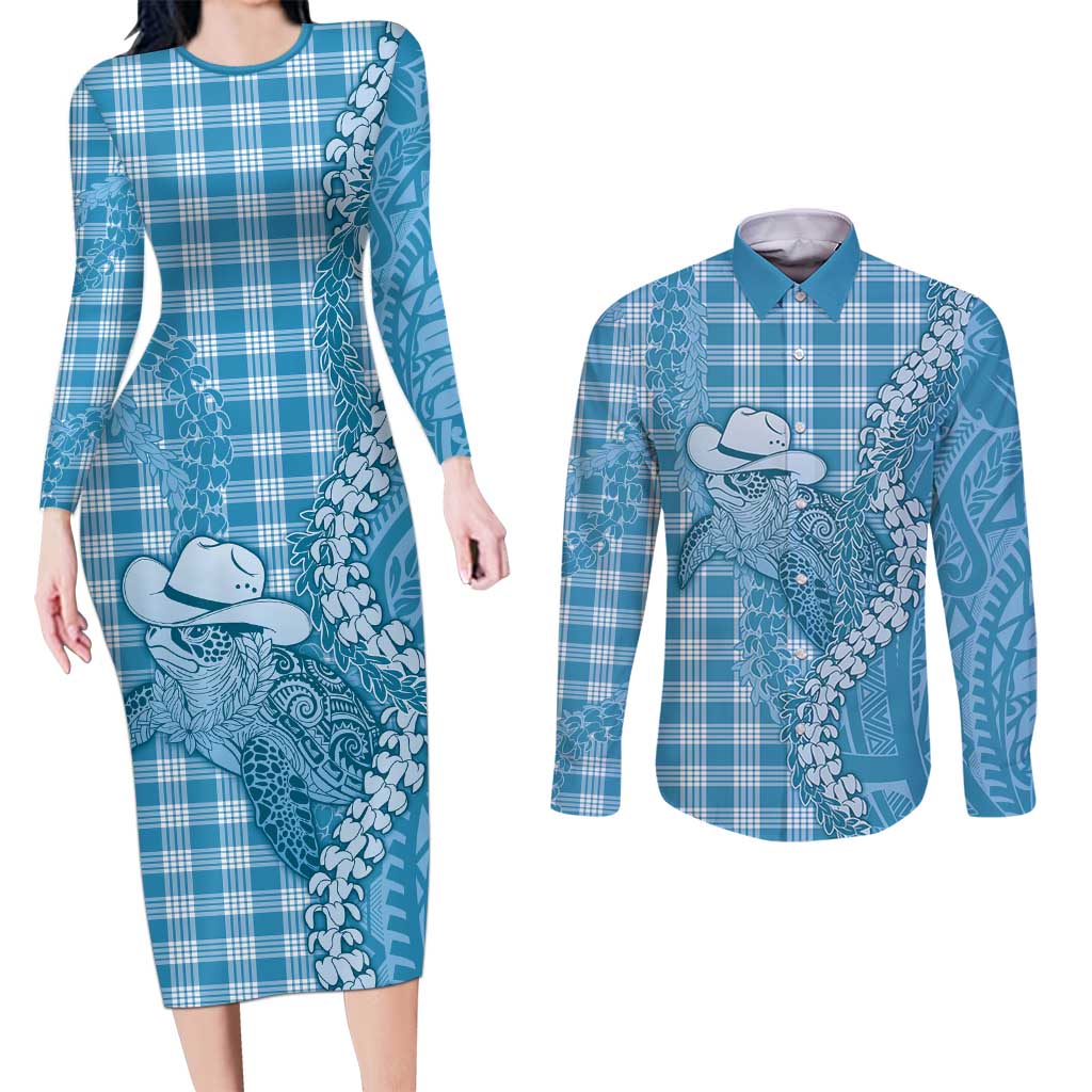 Blue Hawaii Palaka Cowboy Turtle Couples Matching Long Sleeve Bodycon Dress and Long Sleeve Button Shirt Hawaiian Paniolo Puakenikeni Maile Lei DT05 Blue - Polynesian Pride