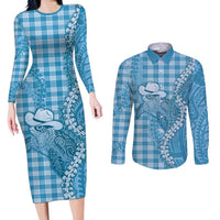 Blue Hawaii Palaka Cowboy Turtle Couples Matching Long Sleeve Bodycon Dress and Long Sleeve Button Shirt Hawaiian Paniolo Puakenikeni Maile Lei DT05 Blue - Polynesian Pride