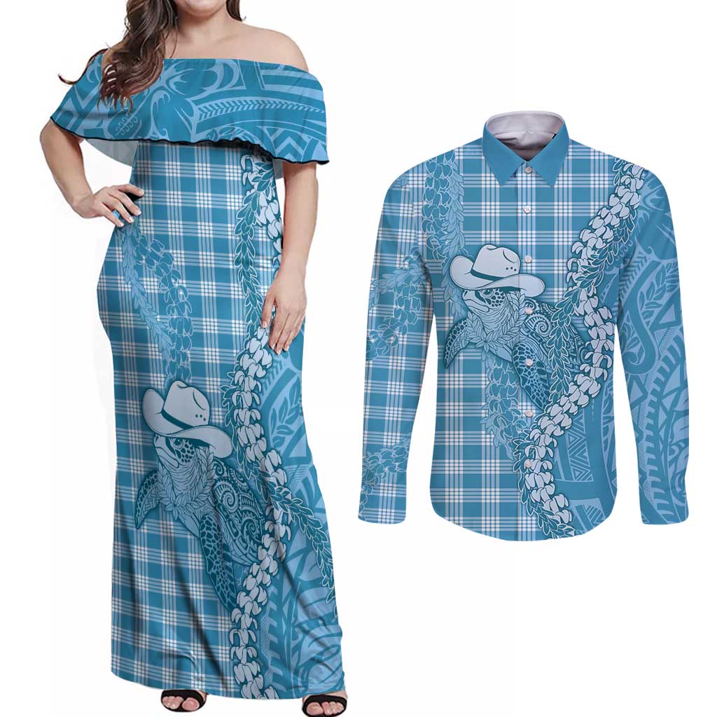 Blue Hawaii Palaka Cowboy Turtle Couples Matching Off Shoulder Maxi Dress and Long Sleeve Button Shirt Hawaiian Paniolo Puakenikeni Maile Lei DT05 Blue - Polynesian Pride