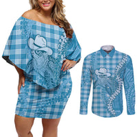Blue Hawaii Palaka Cowboy Turtle Couples Matching Off Shoulder Short Dress and Long Sleeve Button Shirt Hawaiian Paniolo Puakenikeni Maile Lei DT05 Blue - Polynesian Pride