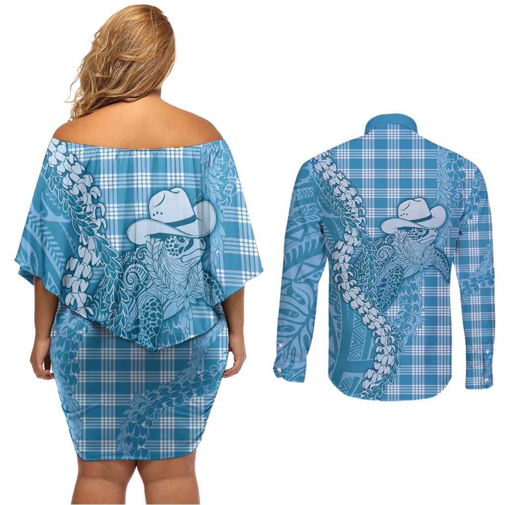 Blue Hawaii Palaka Cowboy Turtle Couples Matching Off Shoulder Short Dress and Long Sleeve Button Shirt Hawaiian Paniolo Puakenikeni Maile Lei DT05 - Polynesian Pride