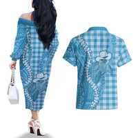 Blue Hawaii Palaka Cowboy Turtle Couples Matching Off The Shoulder Long Sleeve Dress and Hawaiian Shirt Hawaiian Paniolo Puakenikeni Maile Lei DT05 - Polynesian Pride