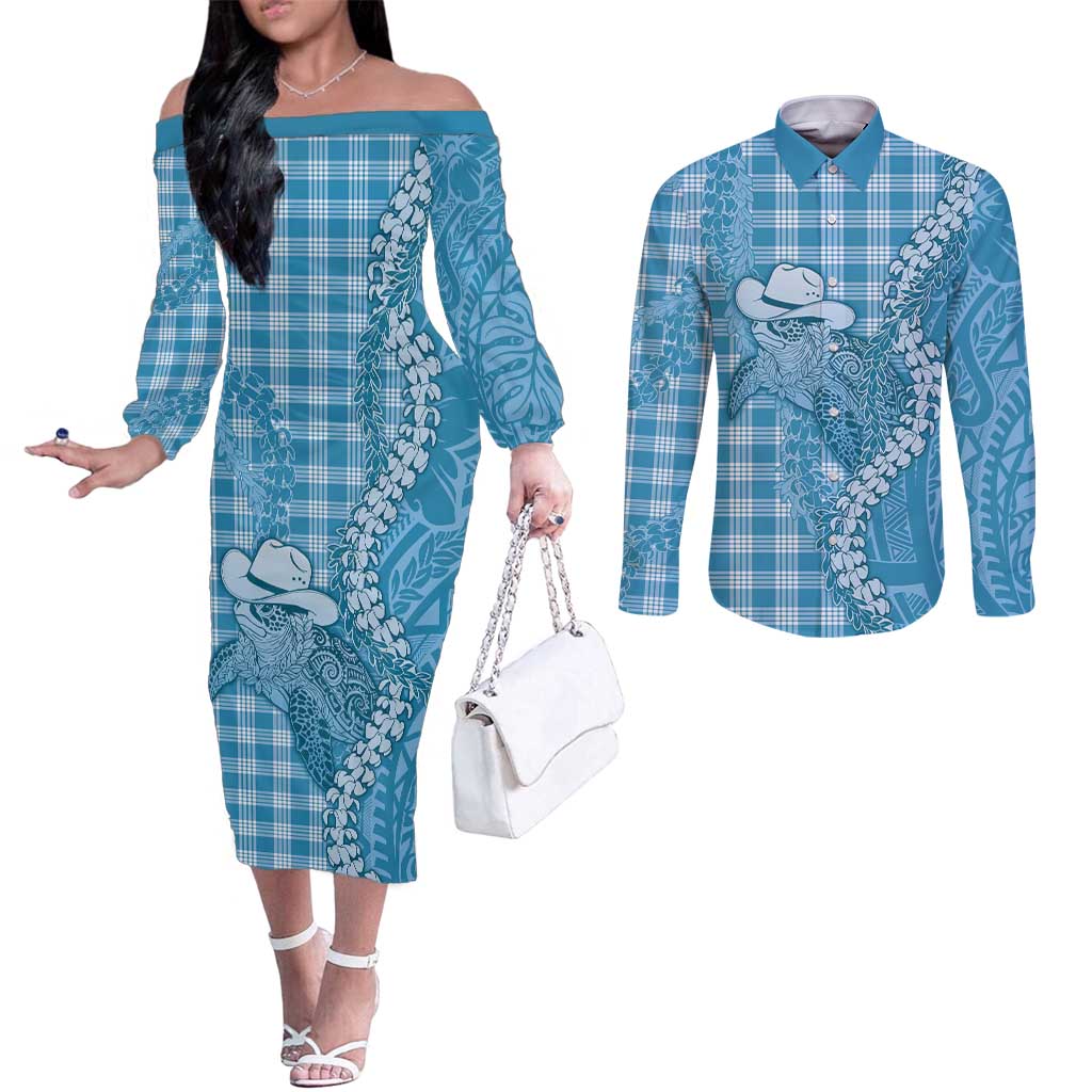 Blue Hawaii Palaka Cowboy Turtle Couples Matching Off The Shoulder Long Sleeve Dress and Long Sleeve Button Shirt Hawaiian Paniolo Puakenikeni Maile Lei DT05 Blue - Polynesian Pride