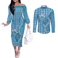 Blue Hawaii Palaka Cowboy Turtle Couples Matching Off The Shoulder Long Sleeve Dress and Long Sleeve Button Shirt Hawaiian Paniolo Puakenikeni Maile Lei DT05 Blue - Polynesian Pride