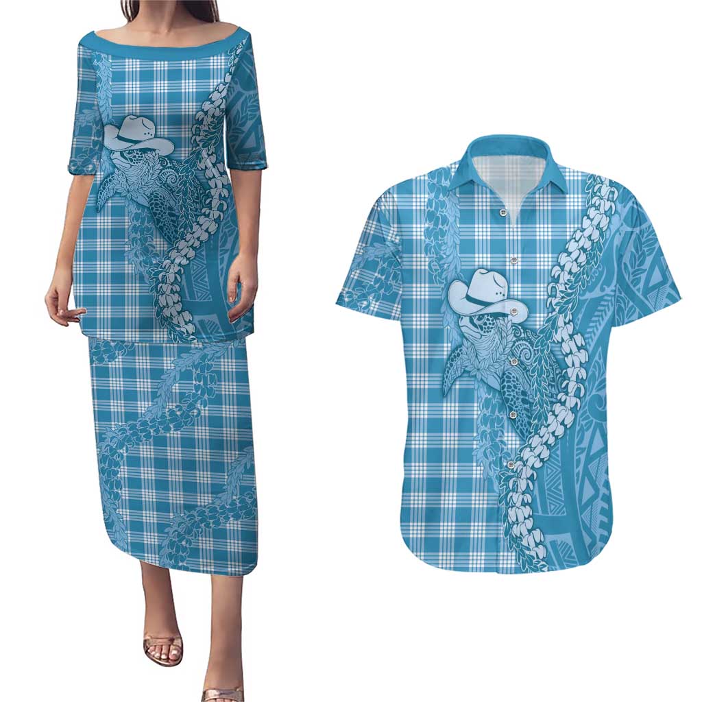Blue Hawaii Palaka Cowboy Turtle Couples Matching Puletasi and Hawaiian Shirt Hawaiian Paniolo Puakenikeni Maile Lei - Polynesian Pride