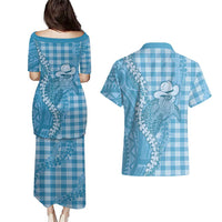Blue Hawaii Palaka Cowboy Turtle Couples Matching Puletasi and Hawaiian Shirt Hawaiian Paniolo Puakenikeni Maile Lei DT05 - Polynesian Pride