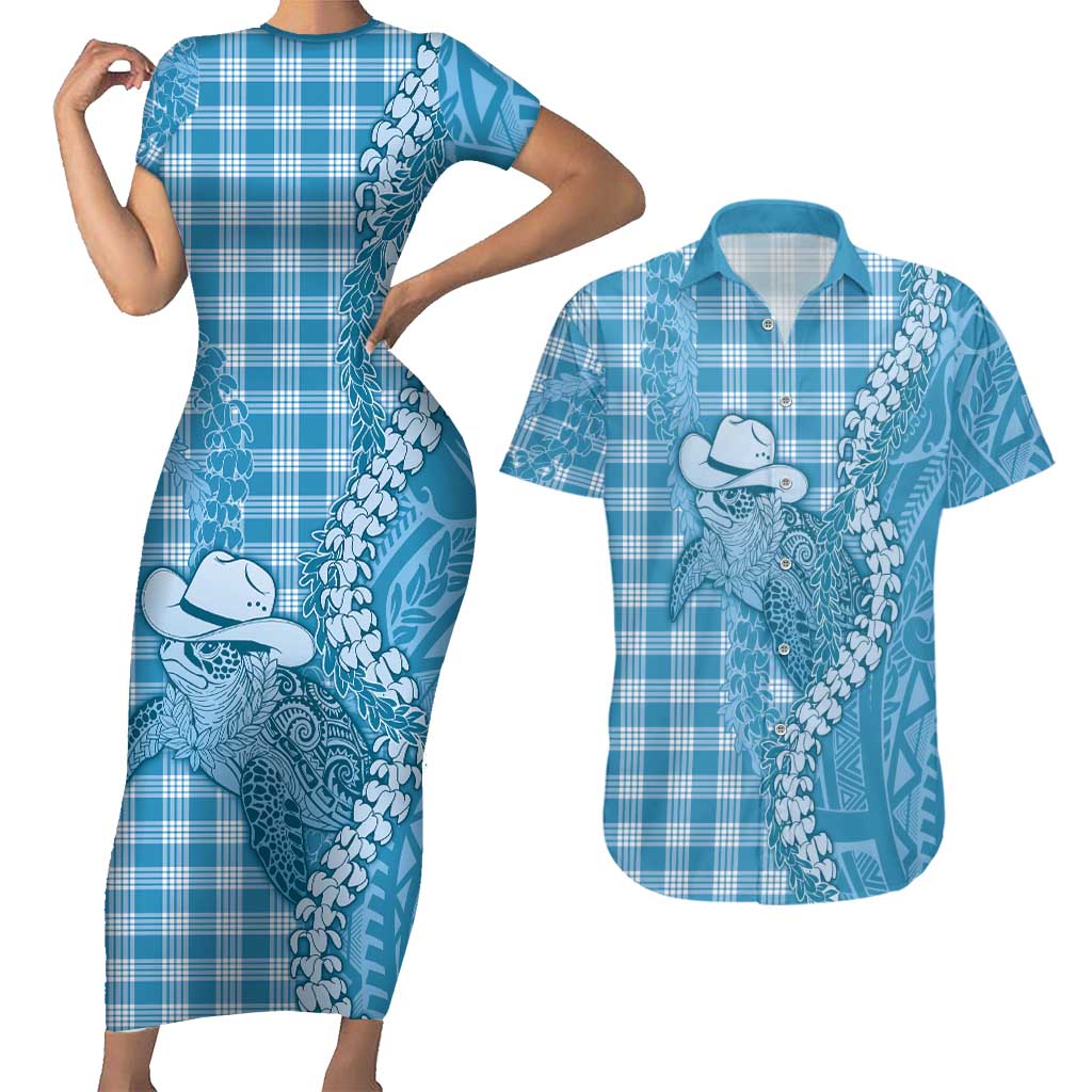 Blue Hawaii Palaka Cowboy Turtle Couples Matching Short Sleeve Bodycon Dress and Hawaiian Shirt Hawaiian Paniolo Puakenikeni Maile Lei DT05 Blue - Polynesian Pride