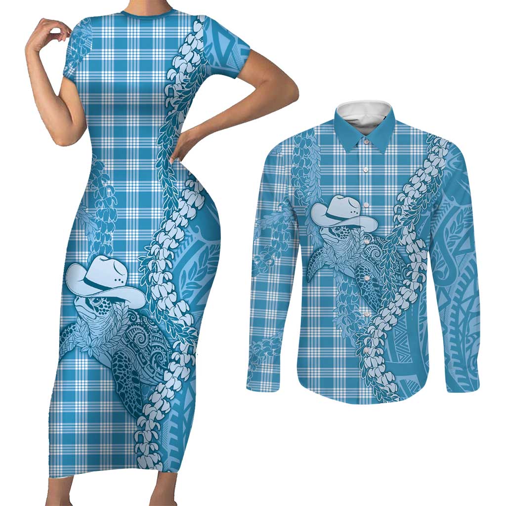 Blue Hawaii Palaka Cowboy Turtle Couples Matching Short Sleeve Bodycon Dress and Long Sleeve Button Shirt Hawaiian Paniolo Puakenikeni Maile Lei - Polynesian Pride