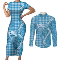 Blue Hawaii Palaka Cowboy Turtle Couples Matching Short Sleeve Bodycon Dress and Long Sleeve Button Shirt Hawaiian Paniolo Puakenikeni Maile Lei DT05 Blue - Polynesian Pride