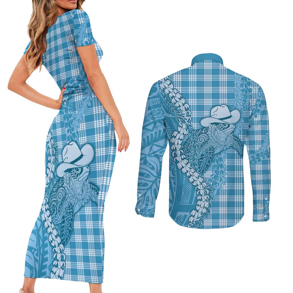 Blue Hawaii Palaka Cowboy Turtle Couples Matching Short Sleeve Bodycon Dress and Long Sleeve Button Shirt Hawaiian Paniolo Puakenikeni Maile Lei DT05 - Polynesian Pride
