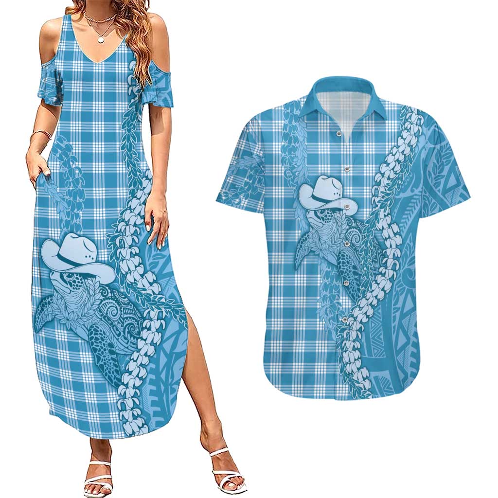 Blue Hawaii Palaka Cowboy Turtle Couples Matching Summer Maxi Dress and Hawaiian Shirt Hawaiian Paniolo Puakenikeni Maile Lei DT05 Blue - Polynesian Pride