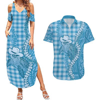 Blue Hawaii Palaka Cowboy Turtle Couples Matching Summer Maxi Dress and Hawaiian Shirt Hawaiian Paniolo Puakenikeni Maile Lei DT05 Blue - Polynesian Pride