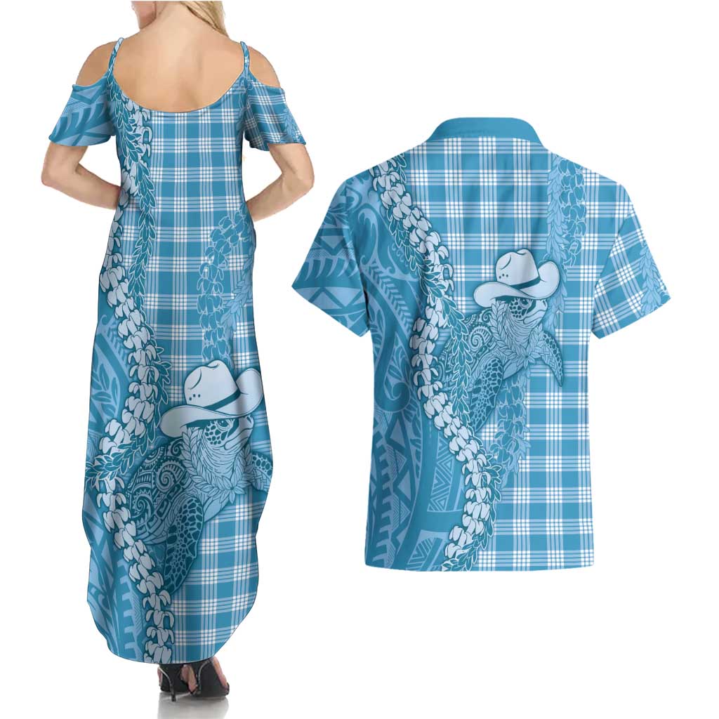 Blue Hawaii Palaka Cowboy Turtle Couples Matching Summer Maxi Dress and Hawaiian Shirt Hawaiian Paniolo Puakenikeni Maile Lei DT05 - Polynesian Pride