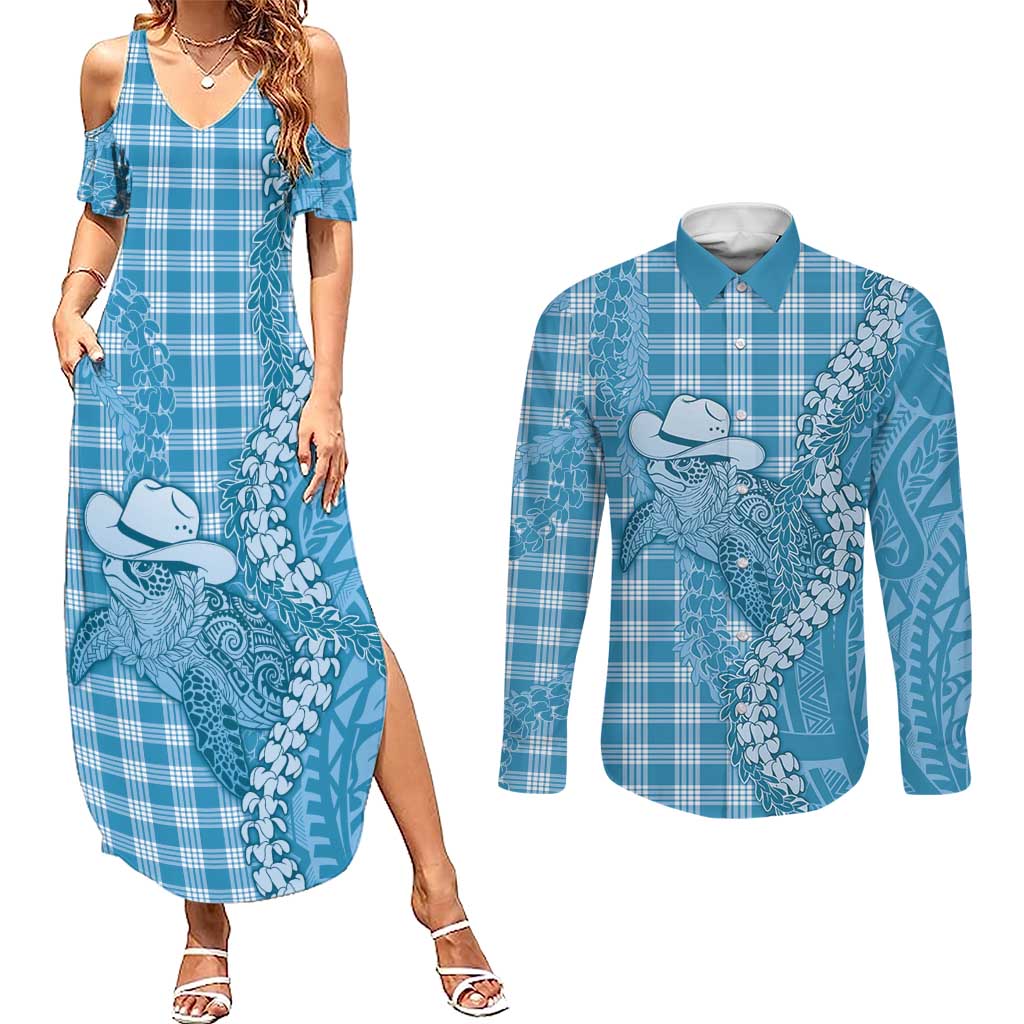 Blue Hawaii Palaka Cowboy Turtle Couples Matching Summer Maxi Dress and Long Sleeve Button Shirt Hawaiian Paniolo Puakenikeni Maile Lei DT05 Blue - Polynesian Pride