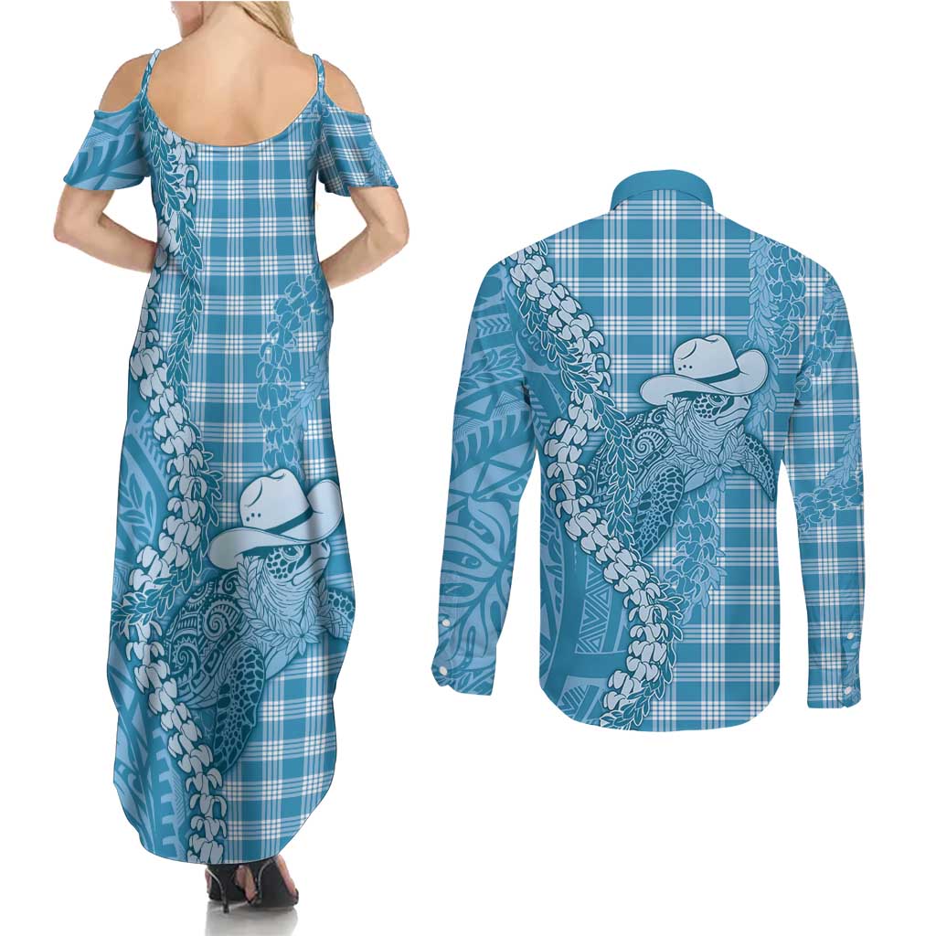 Blue Hawaii Palaka Cowboy Turtle Couples Matching Summer Maxi Dress and Long Sleeve Button Shirt Hawaiian Paniolo Puakenikeni Maile Lei DT05 - Polynesian Pride