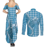 Blue Hawaii Palaka Cowboy Turtle Couples Matching Summer Maxi Dress and Long Sleeve Button Shirt Hawaiian Paniolo Puakenikeni Maile Lei DT05 - Polynesian Pride