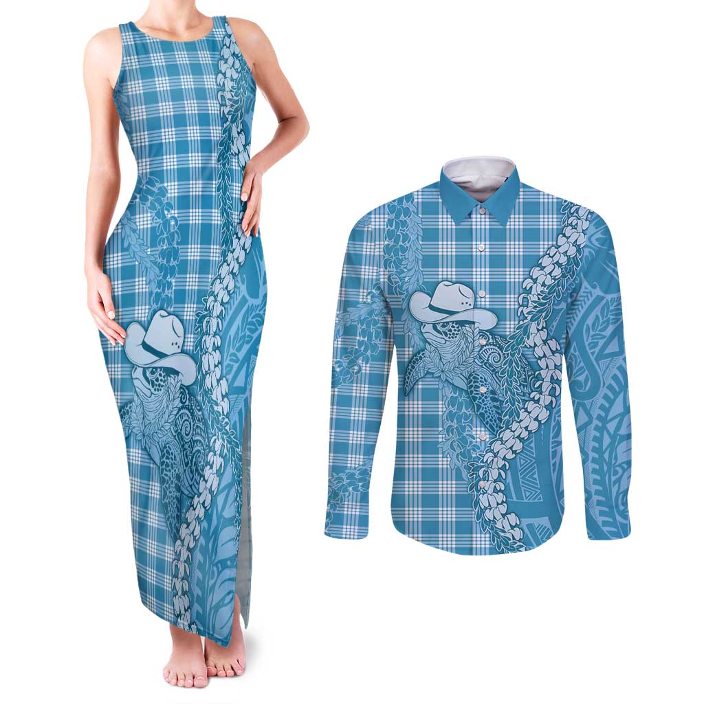 Blue Hawaii Palaka Cowboy Turtle Couples Matching Tank Maxi Dress and Long Sleeve Button Shirt Hawaiian Paniolo Puakenikeni Maile Lei DT05 Blue - Polynesian Pride