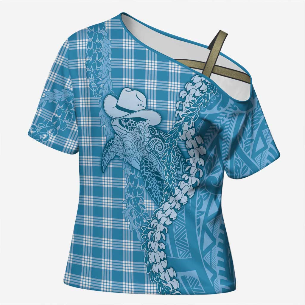 Blue Hawaii Palaka Cowboy Turtle Cross Shoulder Shirt Hawaiian Paniolo Puakenikeni Maile Lei DT05 Female Blue - Polynesian Pride