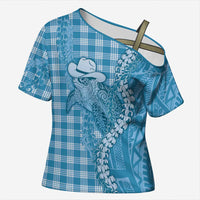 Blue Hawaii Palaka Cowboy Turtle Cross Shoulder Shirt Hawaiian Paniolo Puakenikeni Maile Lei DT05 Female Blue - Polynesian Pride