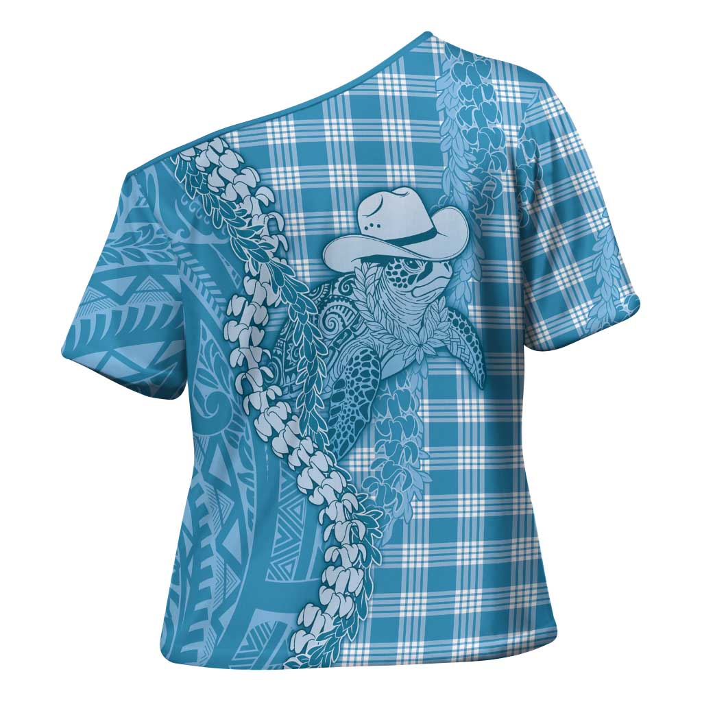 Blue Hawaii Palaka Cowboy Turtle Cross Shoulder Shirt Hawaiian Paniolo Puakenikeni Maile Lei DT05 - Polynesian Pride