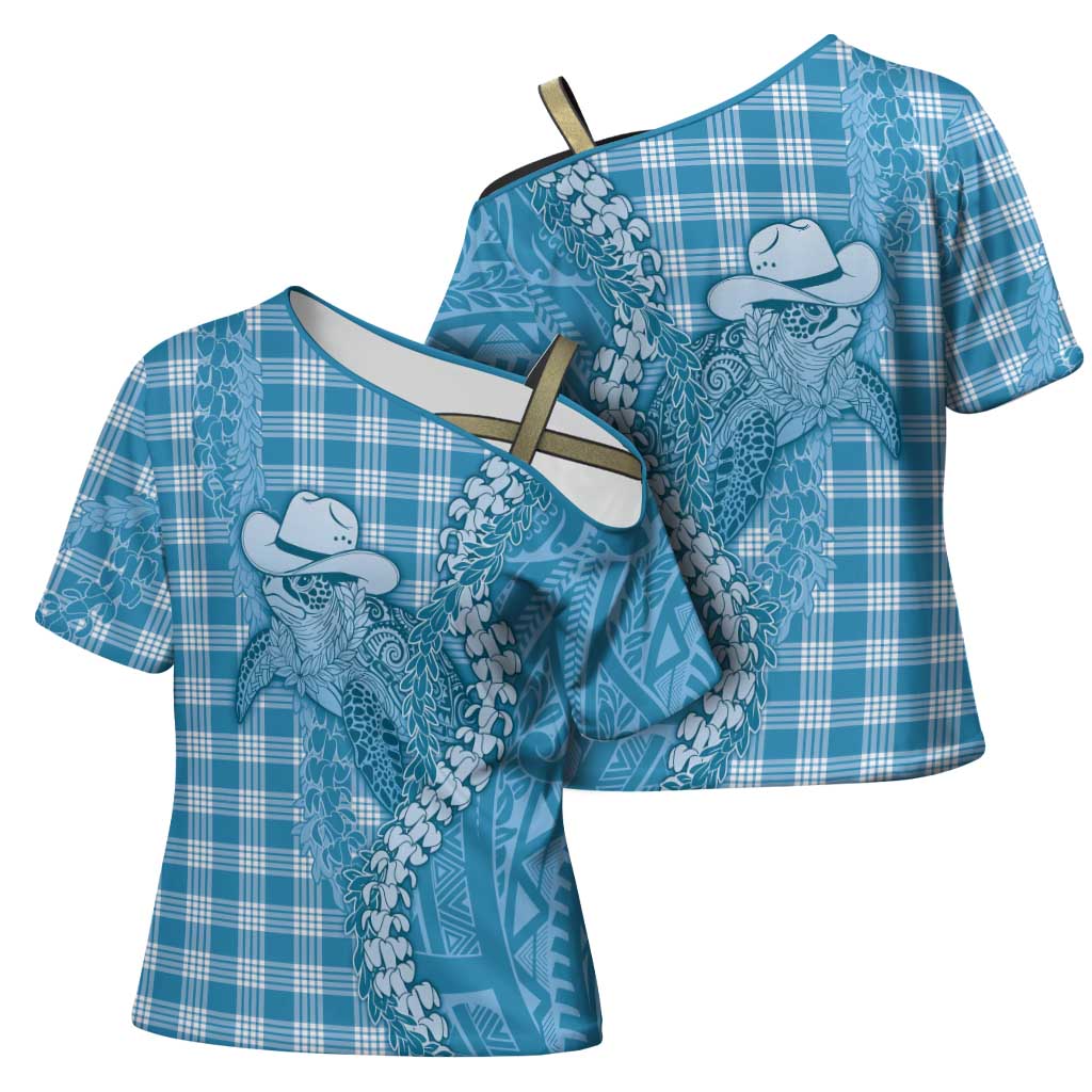 Blue Hawaii Palaka Cowboy Turtle Cross Shoulder Shirt Hawaiian Paniolo Puakenikeni Maile Lei DT05 - Polynesian Pride