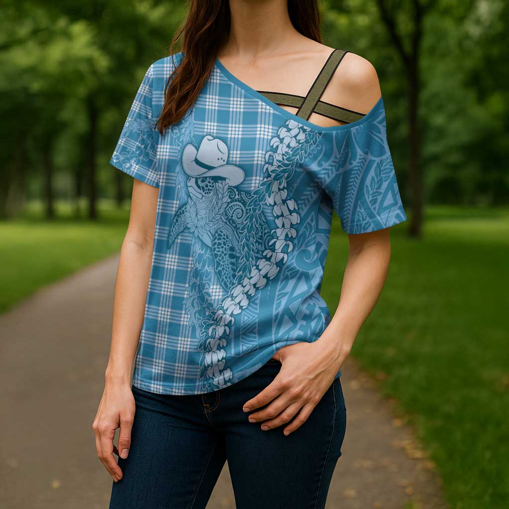 Blue Hawaii Palaka Cowboy Turtle Cross Shoulder Shirt Hawaiian Paniolo Puakenikeni Maile Lei DT05 - Polynesian Pride