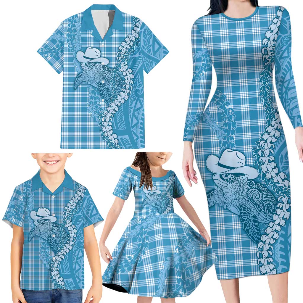 Blue Hawaii Palaka Cowboy Turtle Family Matching Long Sleeve Bodycon Dress and Hawaiian Shirt Hawaiian Paniolo Puakenikeni Maile Lei - Polynesian Pride