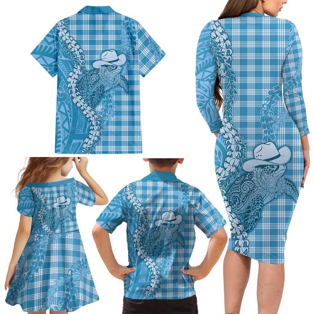Blue Hawaii Palaka Cowboy Turtle Family Matching Long Sleeve Bodycon Dress and Hawaiian Shirt Hawaiian Paniolo Puakenikeni Maile Lei DT05 - Polynesian Pride