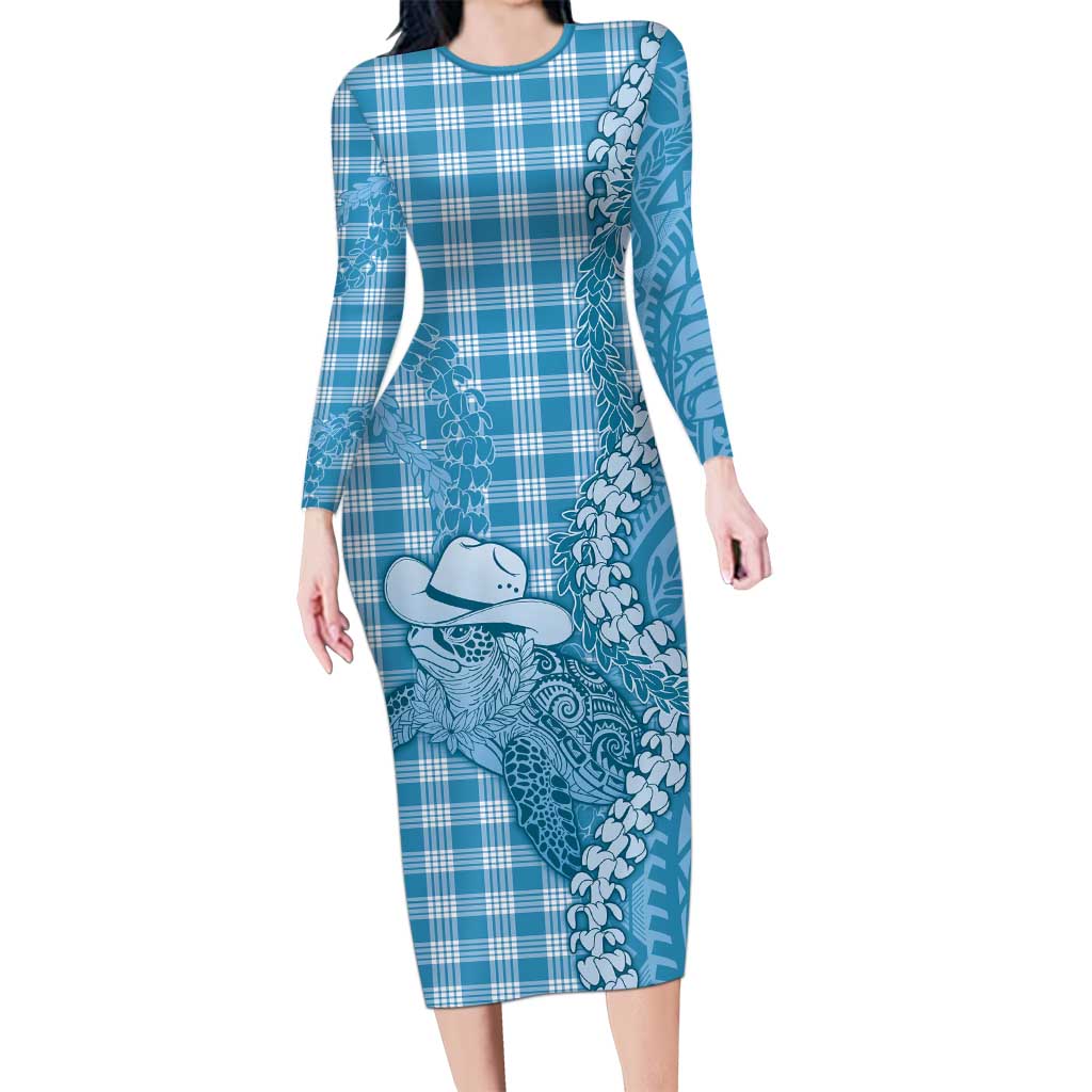 Blue Hawaii Palaka Cowboy Turtle Family Matching Long Sleeve Bodycon Dress and Hawaiian Shirt Hawaiian Paniolo Puakenikeni Maile Lei DT05 Mom's Dress Blue - Polynesian Pride