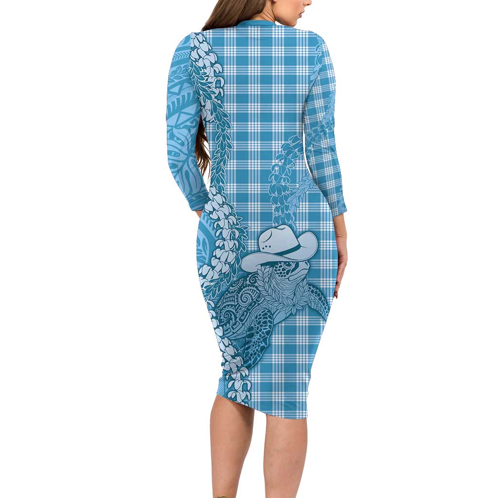 Blue Hawaii Palaka Cowboy Turtle Family Matching Long Sleeve Bodycon Dress and Hawaiian Shirt Hawaiian Paniolo Puakenikeni Maile Lei DT05 - Polynesian Pride