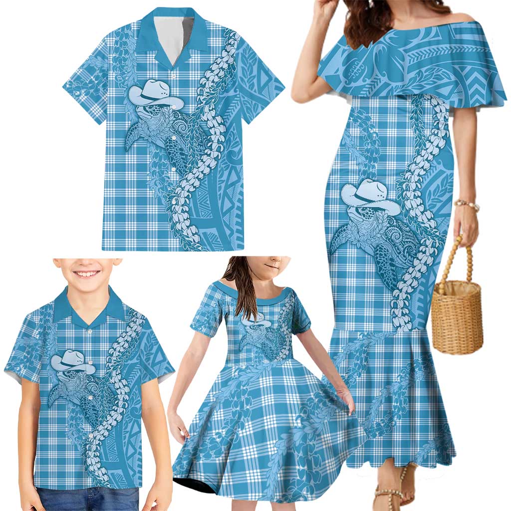 Blue Hawaii Palaka Cowboy Turtle Family Matching Mermaid Dress and Hawaiian Shirt Hawaiian Paniolo Puakenikeni Maile Lei DT05 - Polynesian Pride