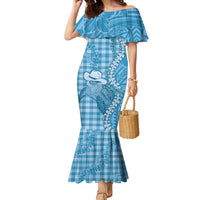 Blue Hawaii Palaka Cowboy Turtle Family Matching Mermaid Dress and Hawaiian Shirt Hawaiian Paniolo Puakenikeni Maile Lei DT05 Mom's Dress Blue - Polynesian Pride