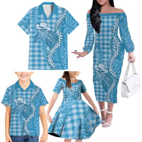Blue Hawaii Palaka Cowboy Turtle Family Matching Off The Shoulder Long Sleeve Dress and Hawaiian Shirt Hawaiian Paniolo Puakenikeni Maile Lei DT05 - Polynesian Pride