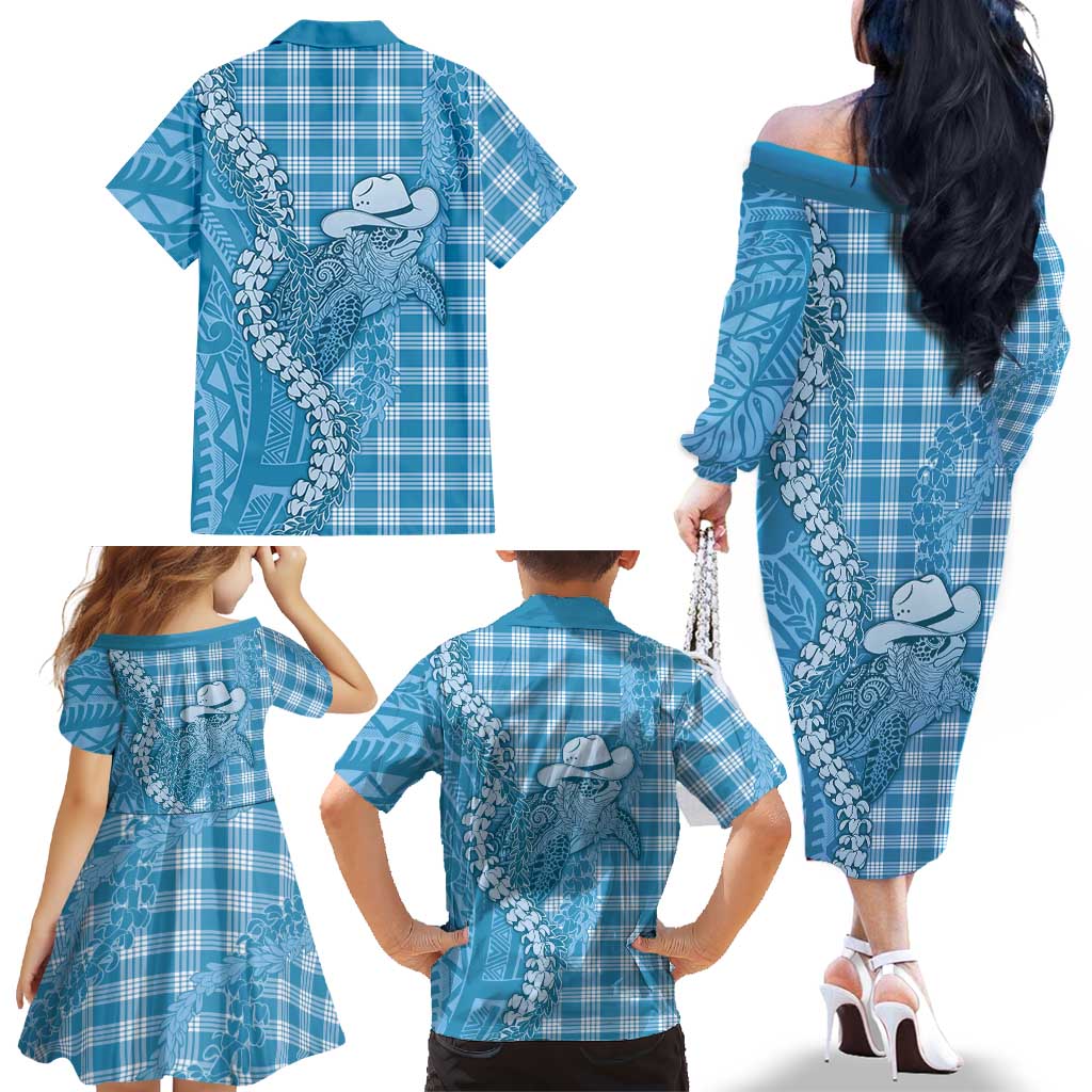 Blue Hawaii Palaka Cowboy Turtle Family Matching Off The Shoulder Long Sleeve Dress and Hawaiian Shirt Hawaiian Paniolo Puakenikeni Maile Lei DT05 - Polynesian Pride