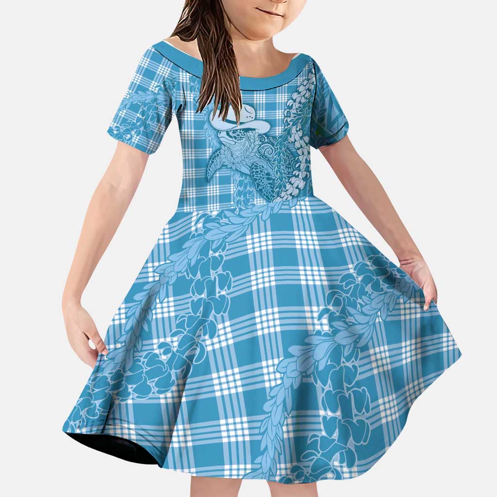 Blue Hawaii Palaka Cowboy Turtle Family Matching Off Shoulder Maxi Dress and Hawaiian Shirt Hawaiian Paniolo Puakenikeni Maile Lei DT05 Daughter's Dress Blue - Polynesian Pride