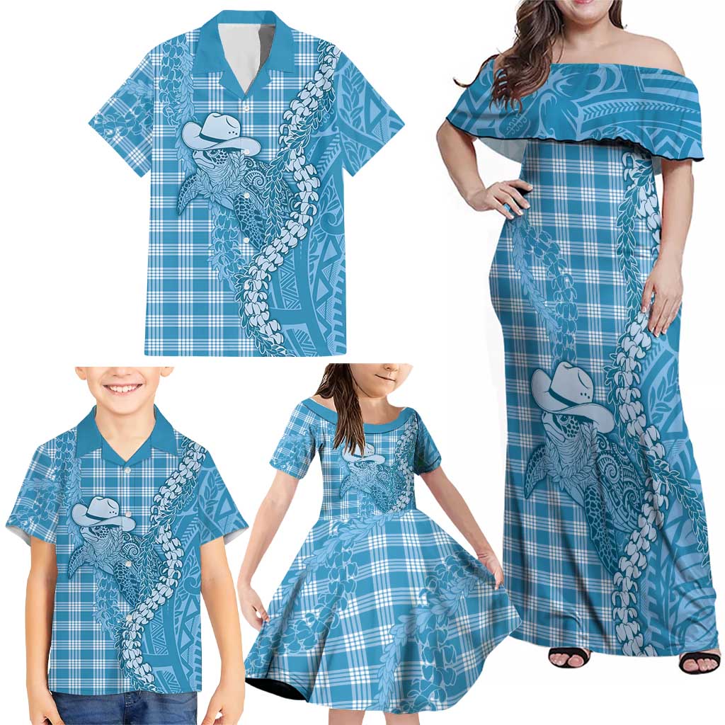 Blue Hawaii Palaka Cowboy Turtle Family Matching Off Shoulder Maxi Dress and Hawaiian Shirt Hawaiian Paniolo Puakenikeni Maile Lei DT05 - Polynesian Pride