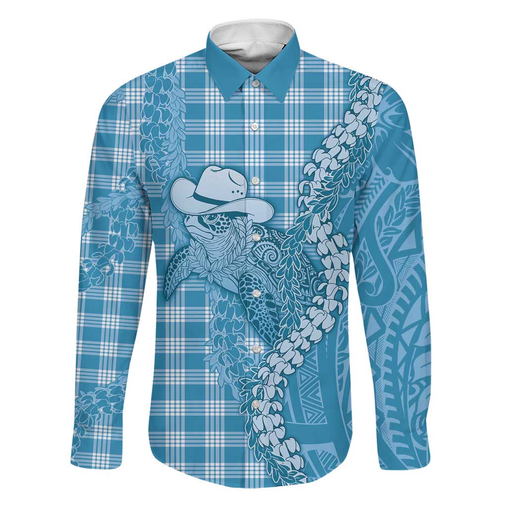 Blue Hawaii Palaka Cowboy Turtle Family Matching Off Shoulder Maxi Dress and Hawaiian Shirt Hawaiian Paniolo Puakenikeni Maile Lei DT05 Dad's Shirt - Long Sleeve Blue - Polynesian Pride