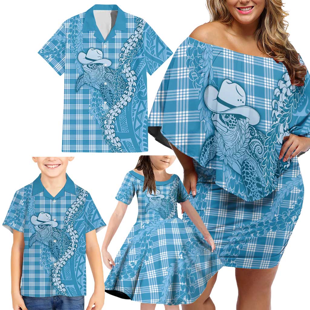 Blue Hawaii Palaka Cowboy Turtle Family Matching Off Shoulder Short Dress and Hawaiian Shirt Hawaiian Paniolo Puakenikeni Maile Lei - Polynesian Pride