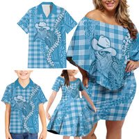 Blue Hawaii Palaka Cowboy Turtle Family Matching Off Shoulder Short Dress and Hawaiian Shirt Hawaiian Paniolo Puakenikeni Maile Lei DT05 - Polynesian Pride