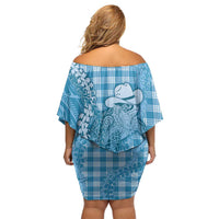 Blue Hawaii Palaka Cowboy Turtle Family Matching Off Shoulder Short Dress and Hawaiian Shirt Hawaiian Paniolo Puakenikeni Maile Lei DT05 - Polynesian Pride