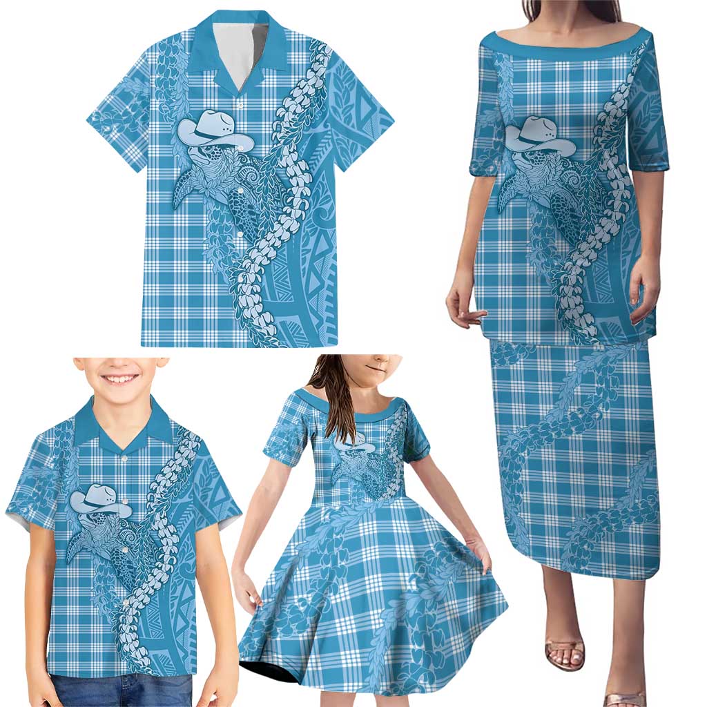 Blue Hawaii Palaka Cowboy Turtle Family Matching Puletasi and Hawaiian Shirt Hawaiian Paniolo Puakenikeni Maile Lei - Polynesian Pride